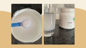 Photos of Thorne Creatine including a picture of the powder being scooped on the left and the powder being stirred into water on the right