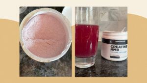 Photo collage with a picture of Transparent Labs Creatine Black Cherry powder on the left and a picture of the powder mixed into a glass of water on the right
