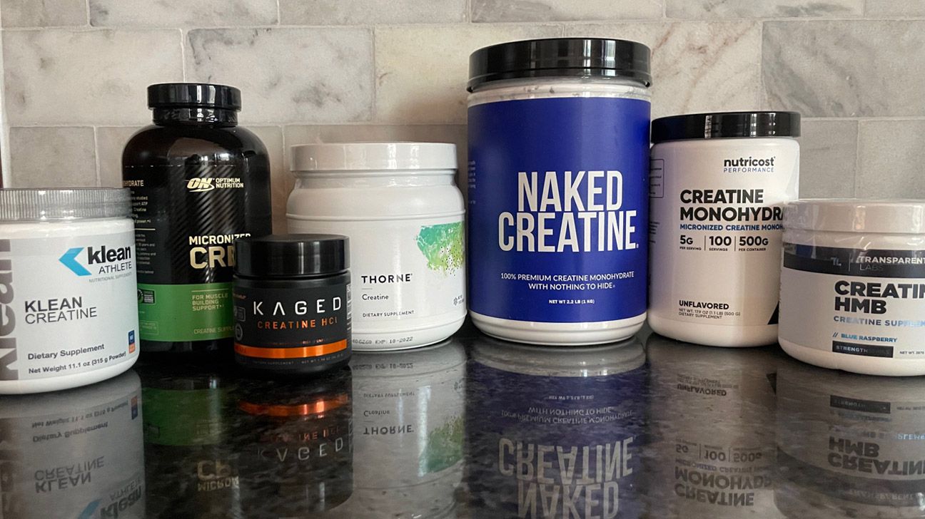 Lineup of creatine powders for our taste-test, including products from Klean Athlete, ON, Kaged, Thorne, Naked Nutrition, Nutricost, and Transparent Labs