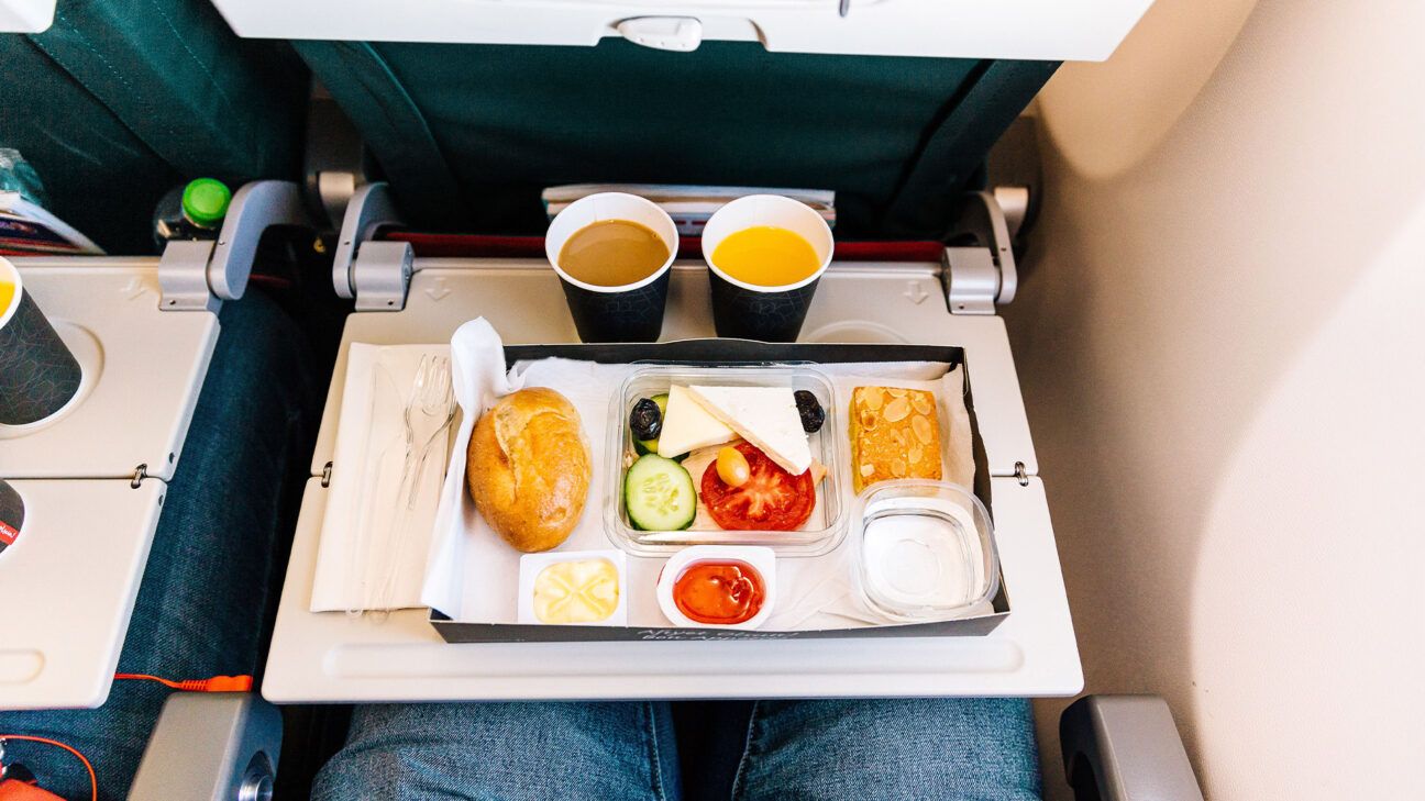 Food on an airline tray.