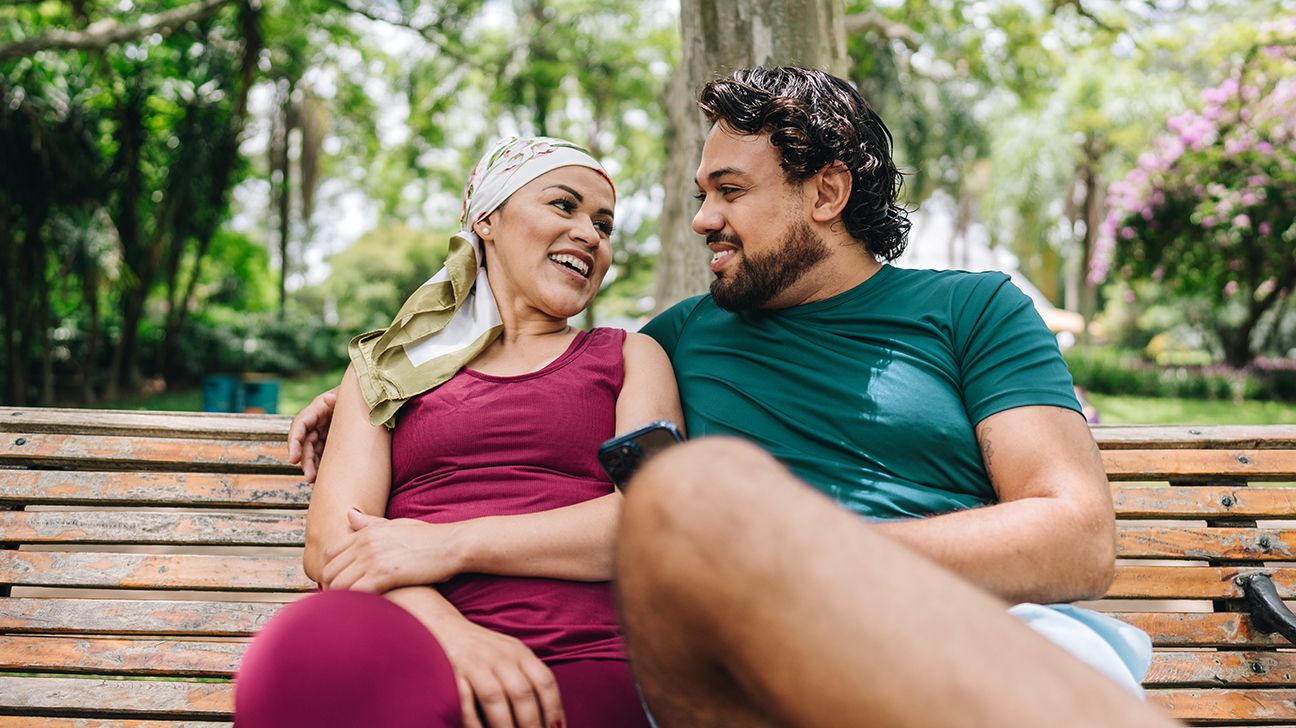 Couple sitting on bench outside