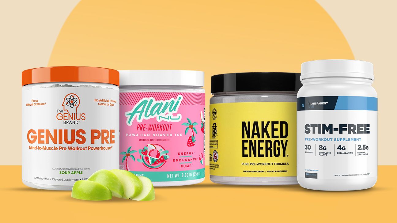 orange background that has four pre-workouts lined up side-by-side. From the left: Genius Pre, Alani, Naked Energy, and Transparent Labs Stim-Free. There are four slices of green apples in front of the 'genius pre' pre-workout powder.