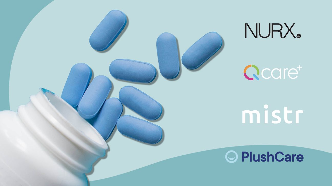 open pill bottle at the bottom left of the picture. blue ooblong-shaped pills are spilling out of the bottle. on the right side, there are four logos of the online services that offer PrEP. Nurx is at the top, then Qcare+, mistr, and Plushcare is at the bottom.