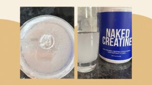 Photos of Naked Creatine, including a scoop of the powder on the left and the powder mixed into water on the right