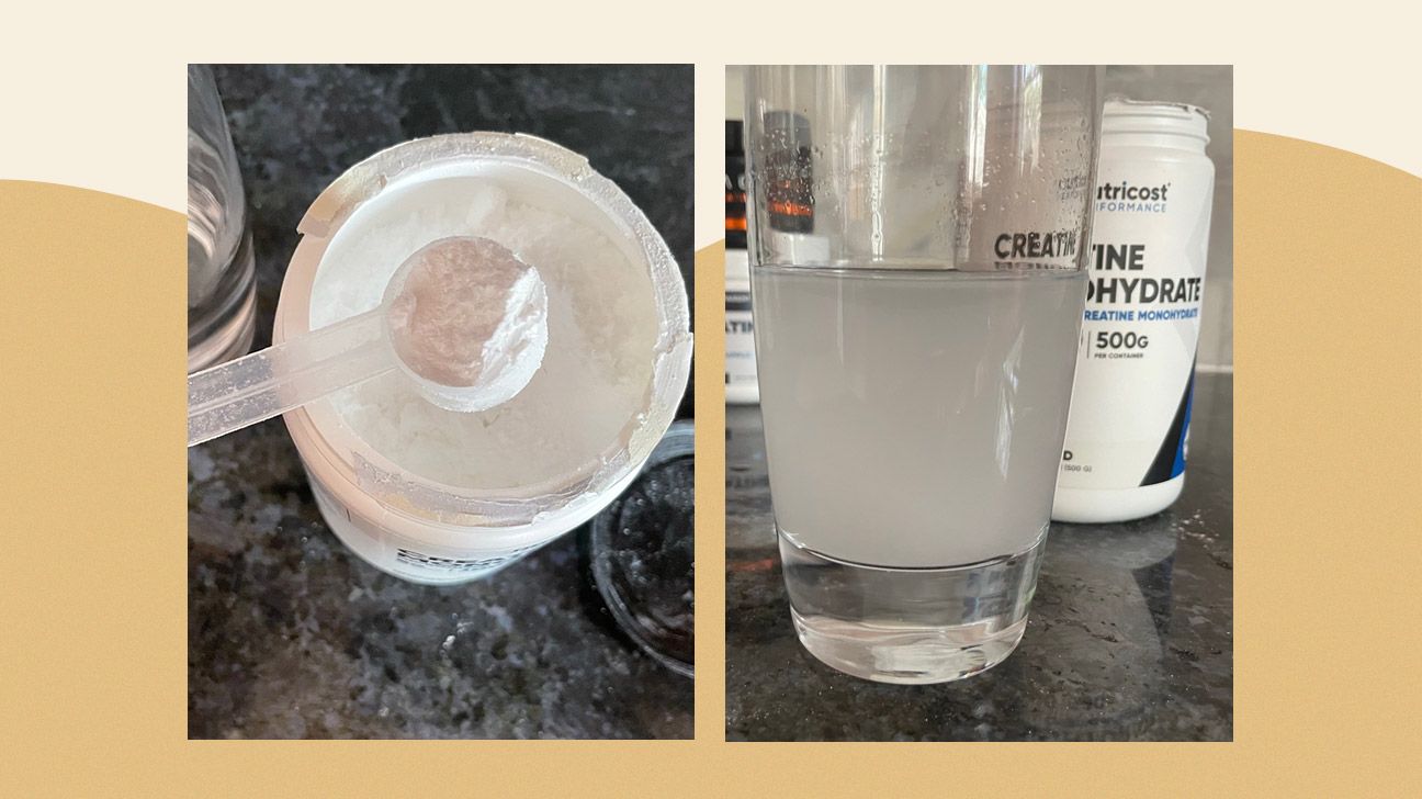 Photos of Nutricost creatine, including a picture of scooping Nutricost creatine on the left and the powder mixed into the water on the right 