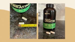 Photos of Optimum Nutrition Creatine Capsules with the bottle and capsules on the left and a capsule next to a ruler on the right