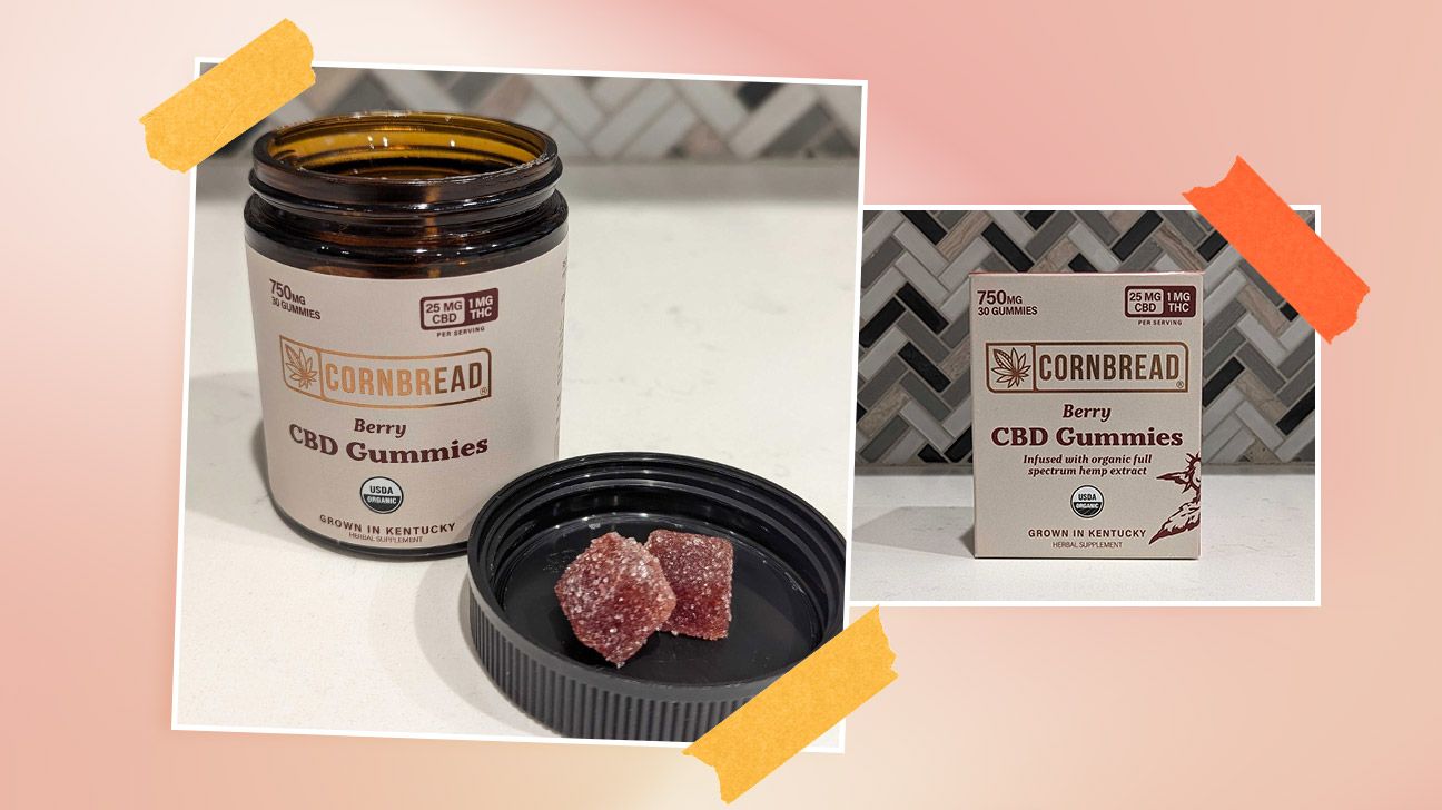 collage of hands-on-review images of Cornbread Hemp CBD gummies