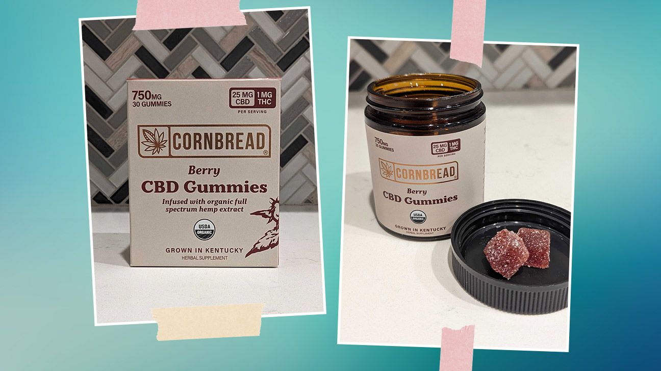 closeup of Cornbread Hemp gummies and container during testing