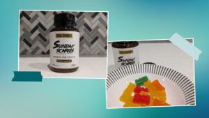 closeup of Sunday Scaries CBD gummies and container