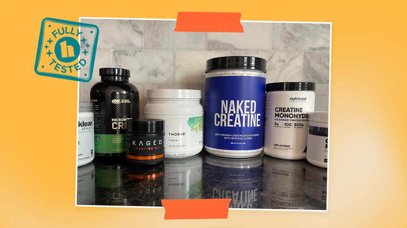 Lineup of creatine powders for our taste-test, including products from Klean Athlete, ON, Kaged, Thorne, Naked Nutrition, Nutricost, and Transparent Labs