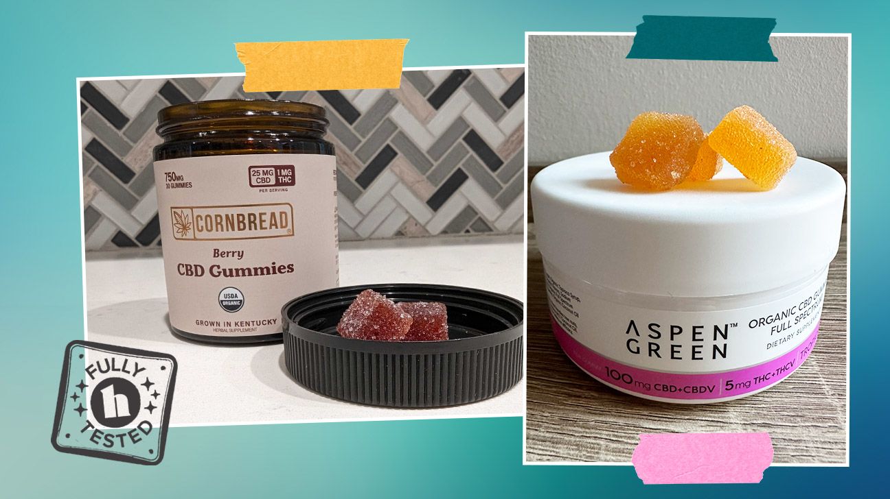 a collage of CBD gummies by Cornbread Hemp and Aspen Green during testing 