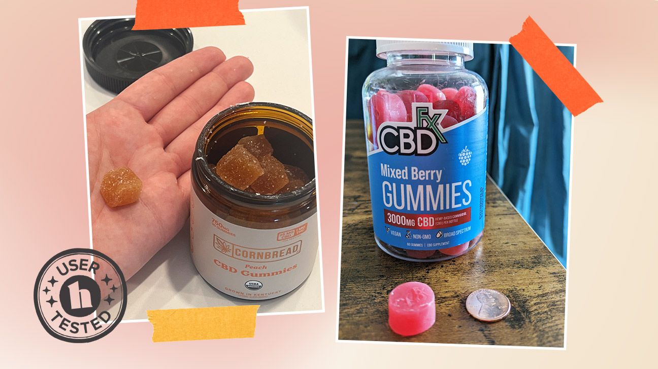 Collage images of Healthline team testing CBD gummies for pain by CBDfx and Cornbread Hemp