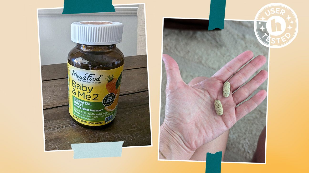 Collage of MegaFood prenatal vitamins for pregnancy when tested by Healthline editor