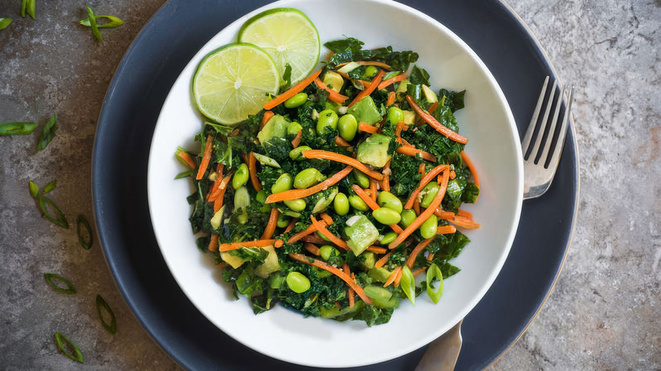 Asian chopped salad with kale, edamame, and avocado