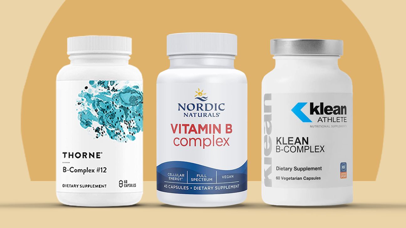 The best vitamin B complexes on a light gold background.