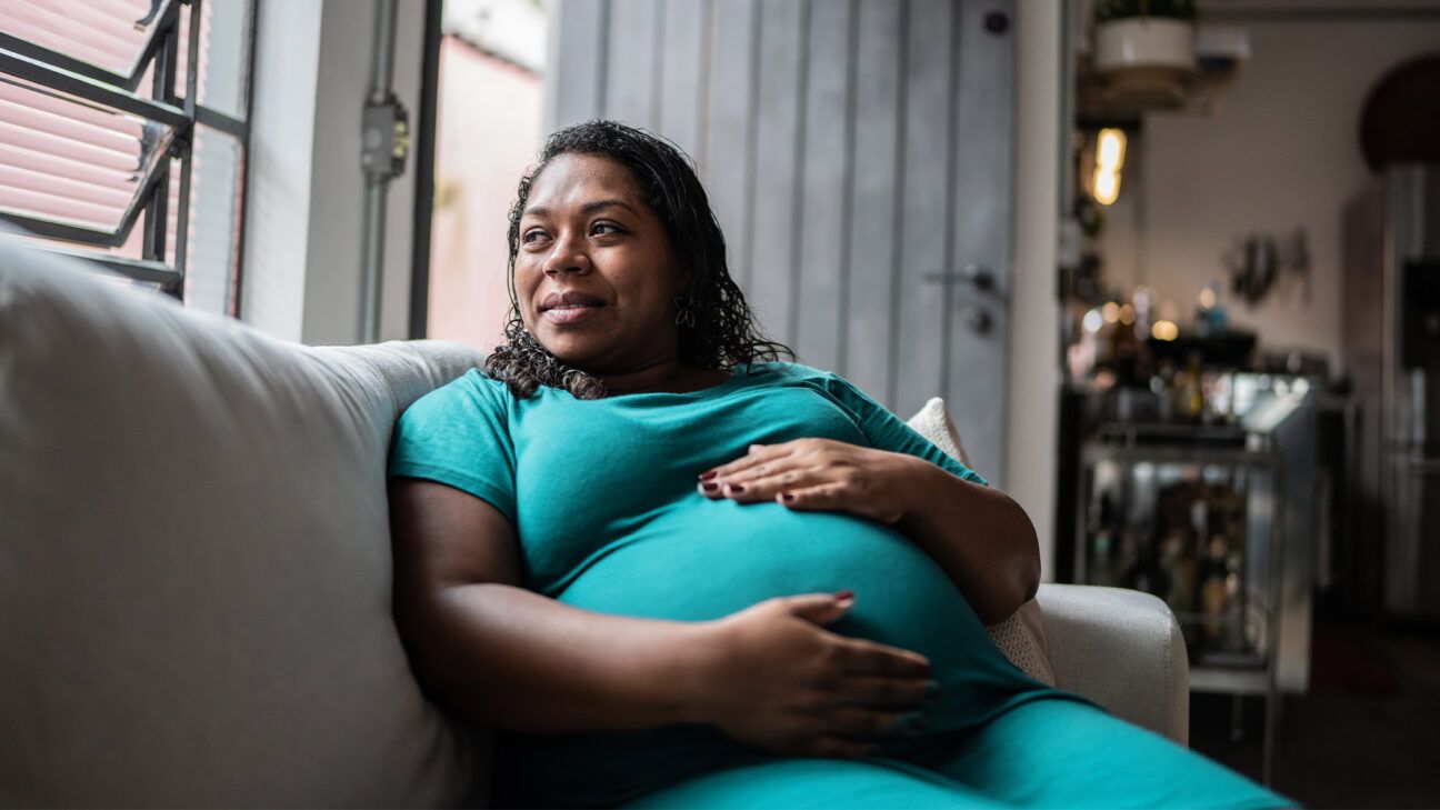 Pregnant female sits on a couch