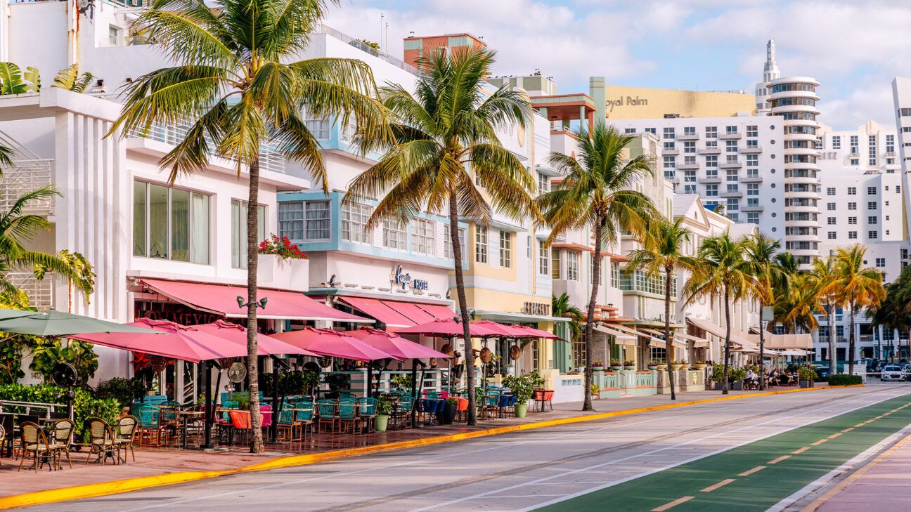 A street lined with palm trees in Florida.