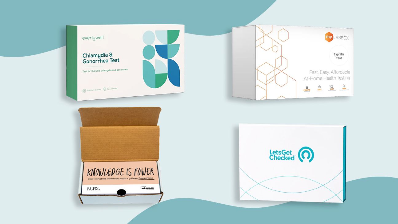 The Best STD Tests of 2025 in their box packaging isolated over blue background