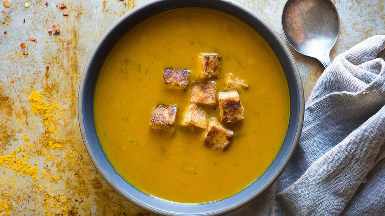 Curried pumpkin soup with crispy tofu