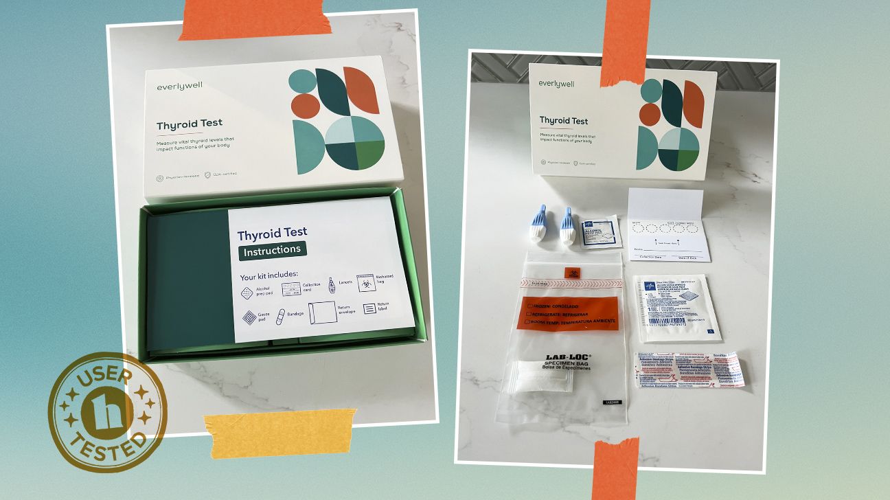 A collage of an at-home thyroid test, by Everlywell.