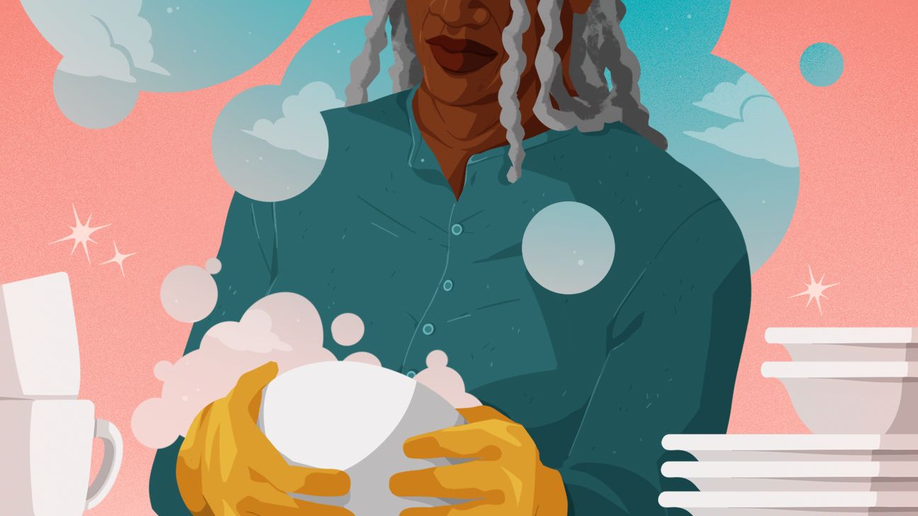 A woman washes dishes against a background of stars and clouds.