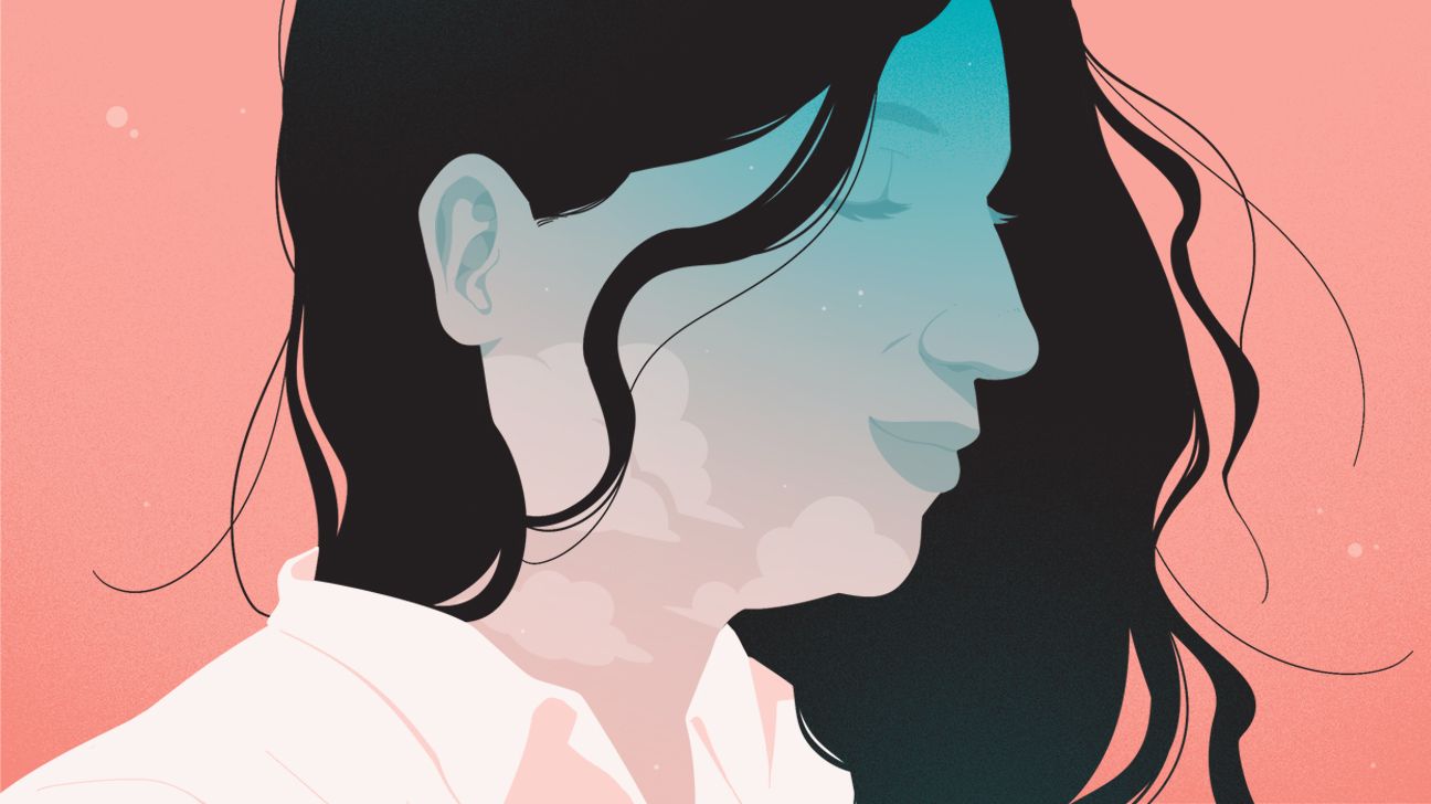 A side profile of a woman with clouds and stars on her skin.