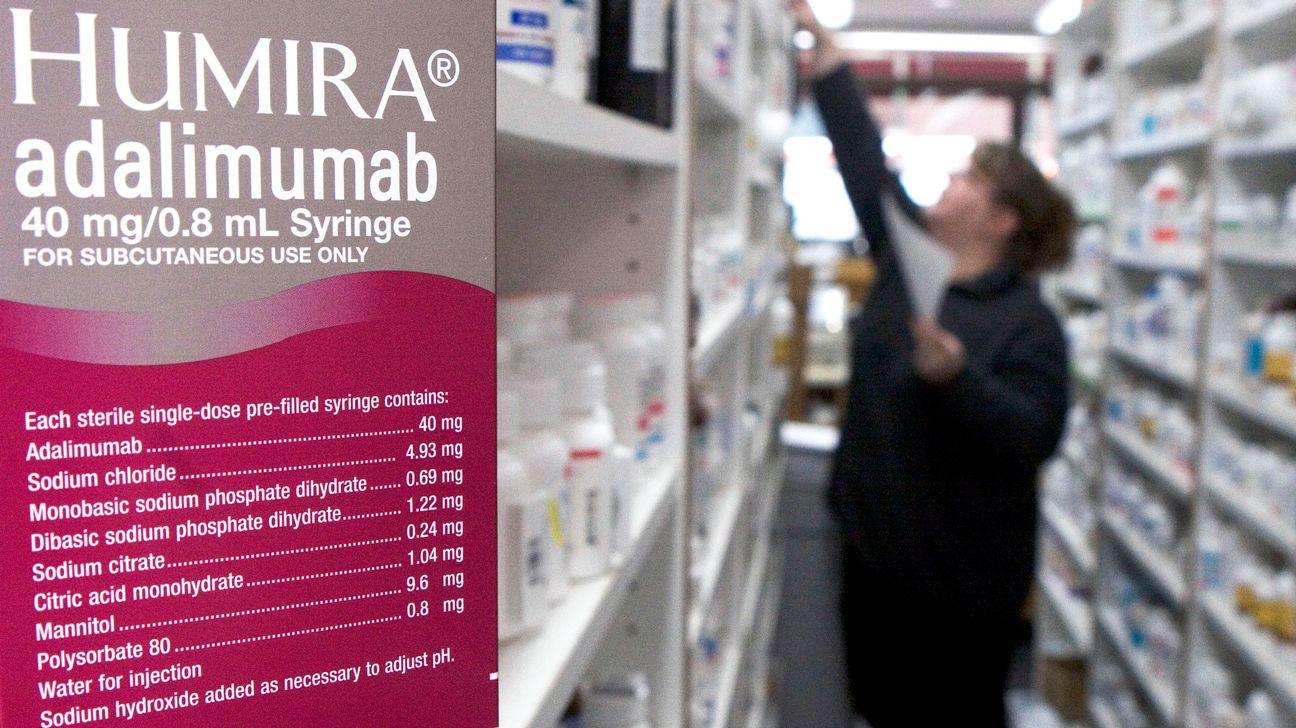 Humira package (left) pharmacist in a pharmacy aisle (right)