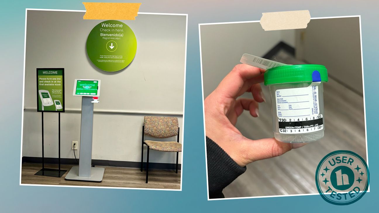 STDcheck.com user review photos showing a check in counter at a testing facility and a hand holding a sample pot.