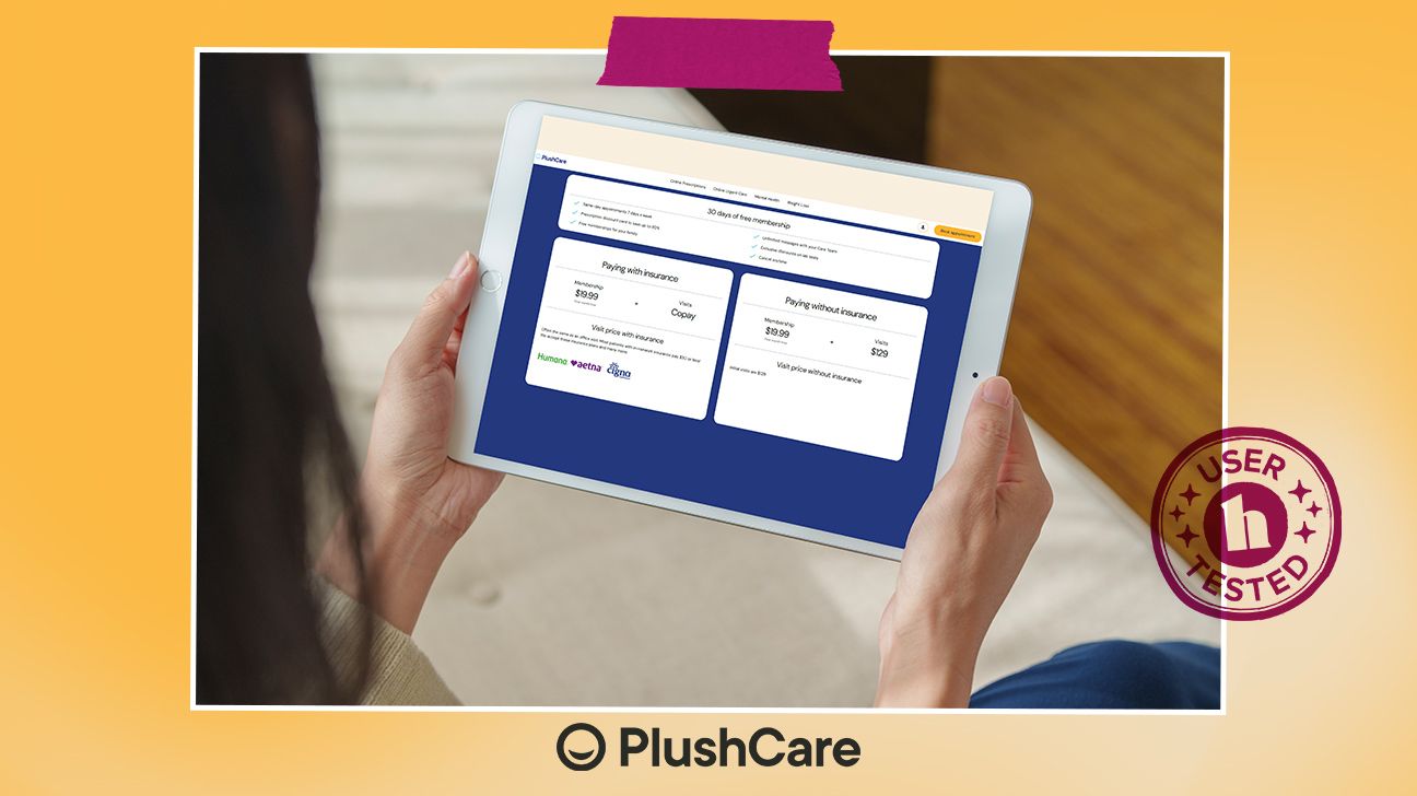 a person is looking at a tablet that has PlushCare's prices on the screen, comparing the price with and without insurance. there's a "user tested" logo on the bottom right corner of the image, and the PlushCare logo is in the bottom center of the image.