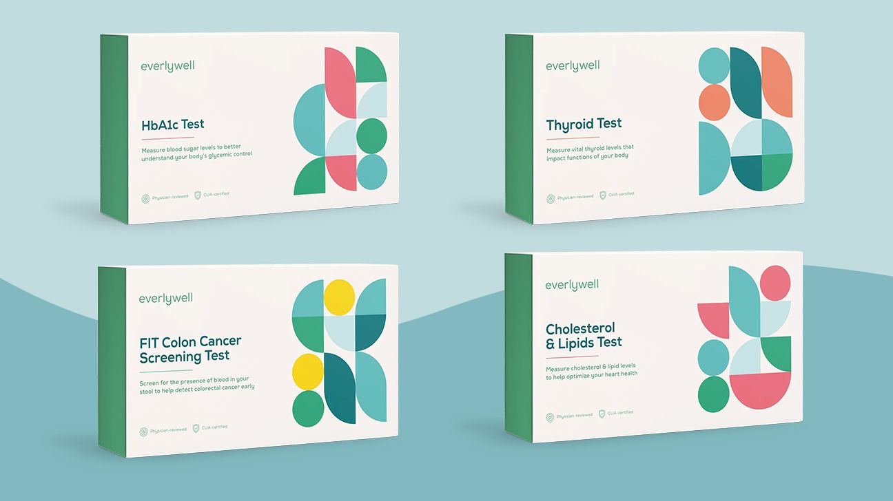 Four at-home tests by Everlywell, including a HbA1c test, thyroid test, colon cancer screening test, and cholesterol and lipids test.