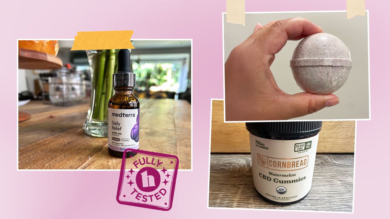 Healthline tester photos of some of the best CBD products for stress.