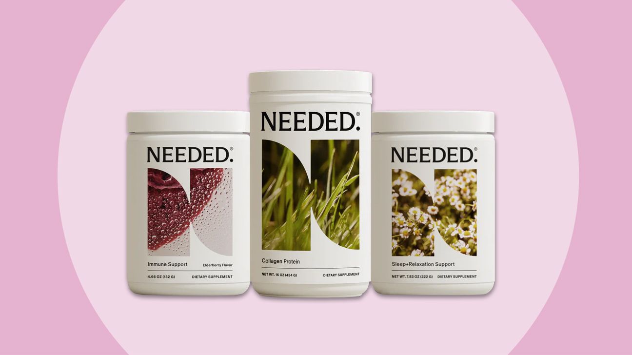 Three Needed supplements on a pink background