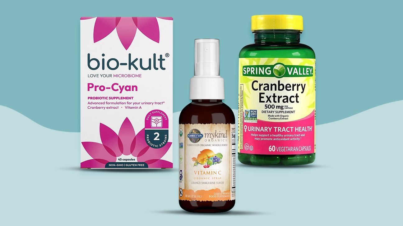 At-home UTI treatments including Bio-Kult Pro-Cyan. Garden of Life Vitamin C spray, and Spring Valley cranberry extract capsules