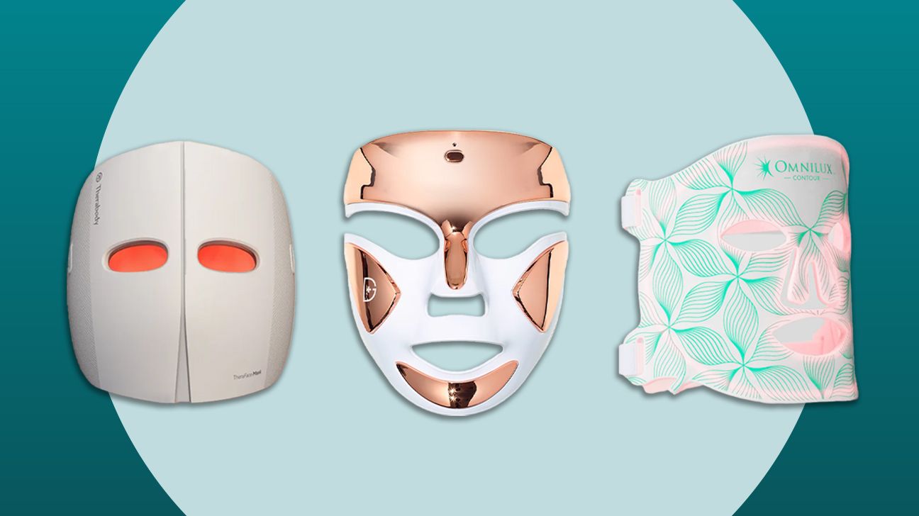 Three red light therapy masks by Dr Dennis Gross, Therabody, and Omnilux.