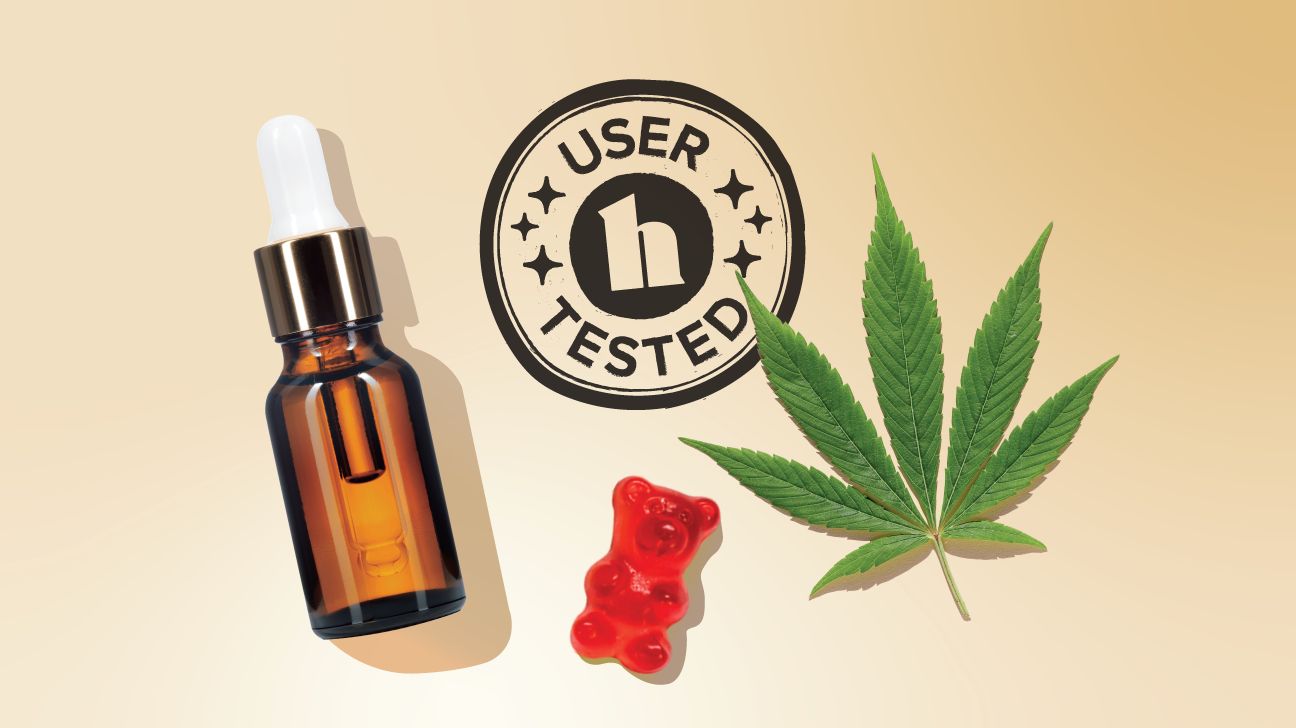 CBD oil, CBD gummy, and cannabis leaf