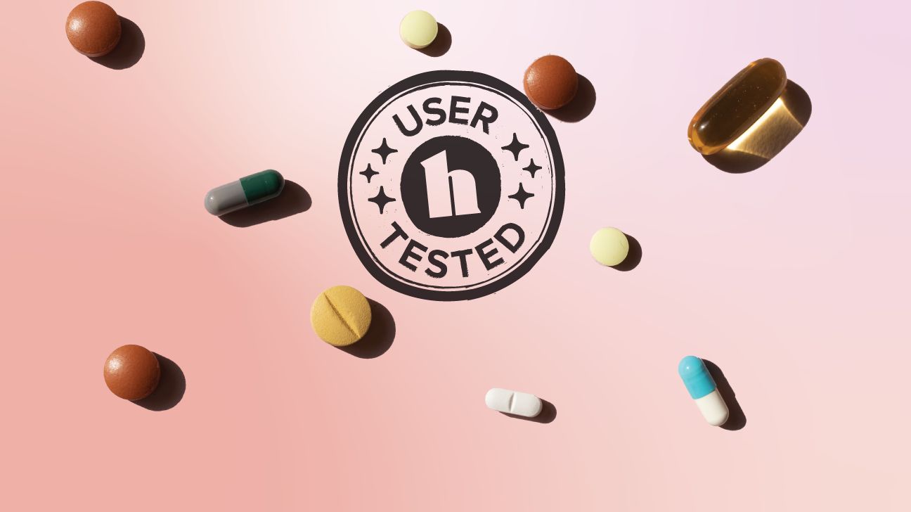 meet our testers for vms header showing various vitamins, minerals, and supplements pver pink gradiant background with healthline tester badge logo