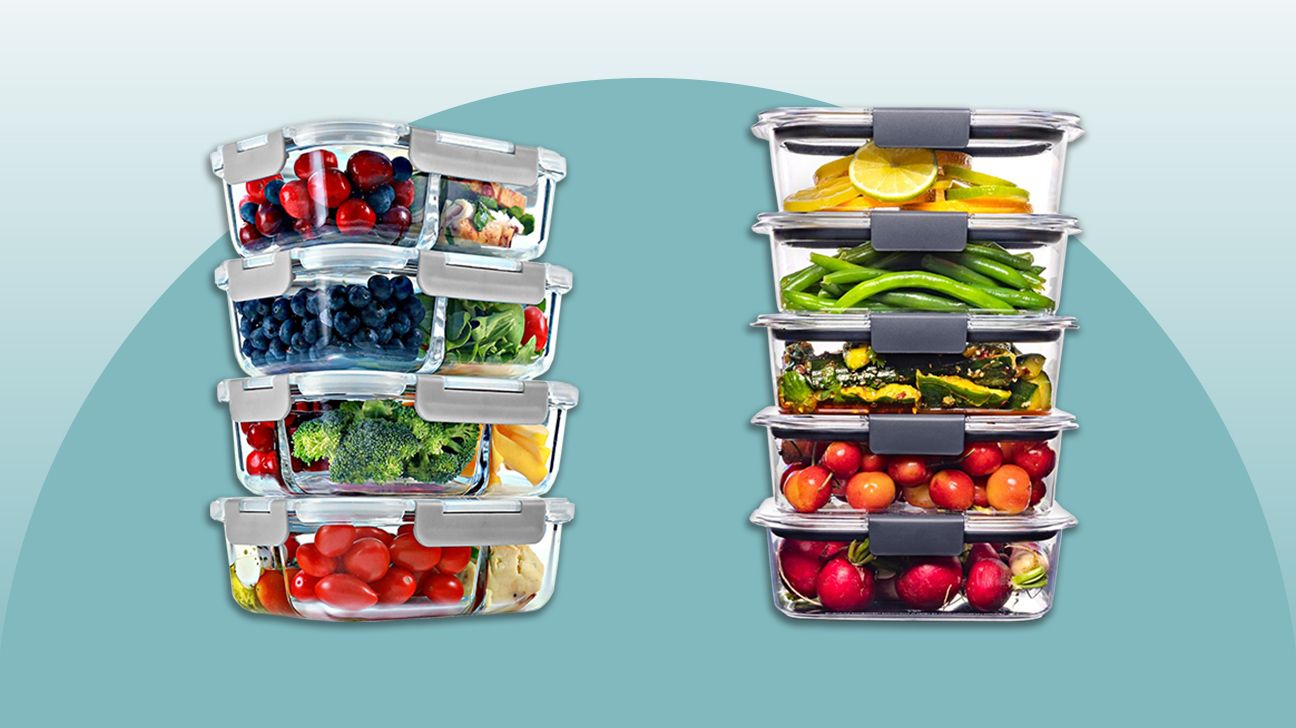 glass meal prep containers stacked on top of each other, on a blue background.