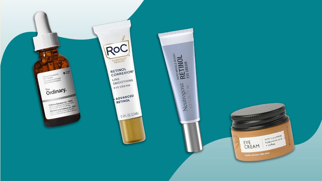 four eye creams that were listed in this article roundup. Against a blue background