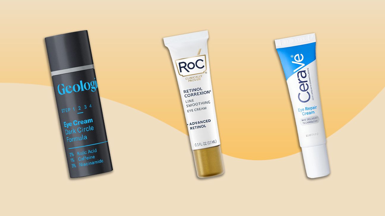 three eye creams from our list of best eye creams for dark circles. against a yellowish-orange background