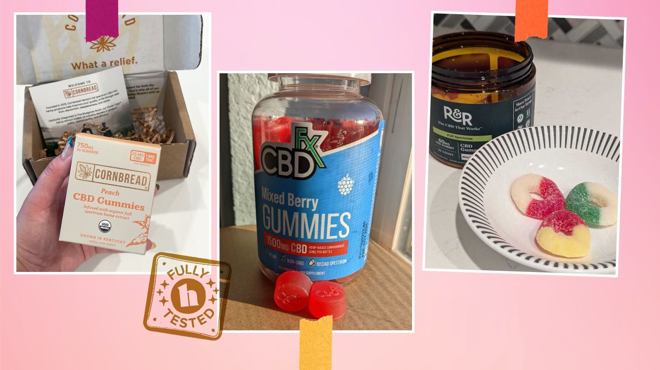 Healthline testers' images of some of the strongest CBD gummies available including cbdfx, R and R, and Cornbread Hemp.