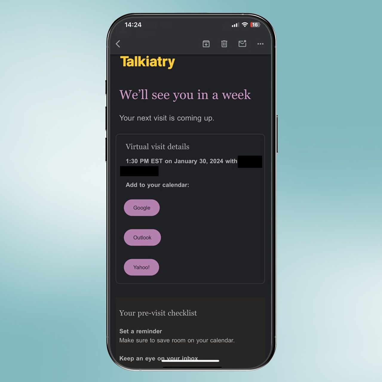 Talkiatry upcoming visit