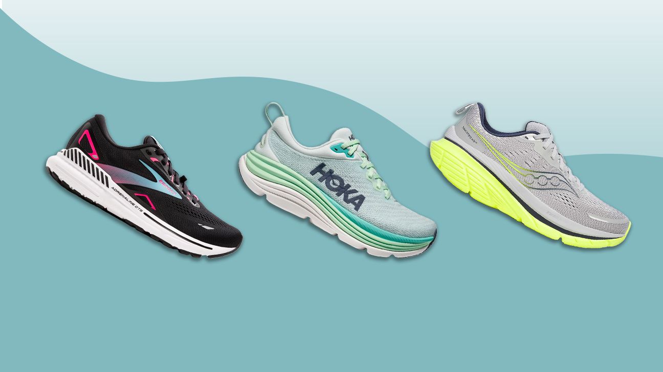 Three stability shoes from Brooks, Hoka, and  Saucony, arranged in a row on a blue background. 