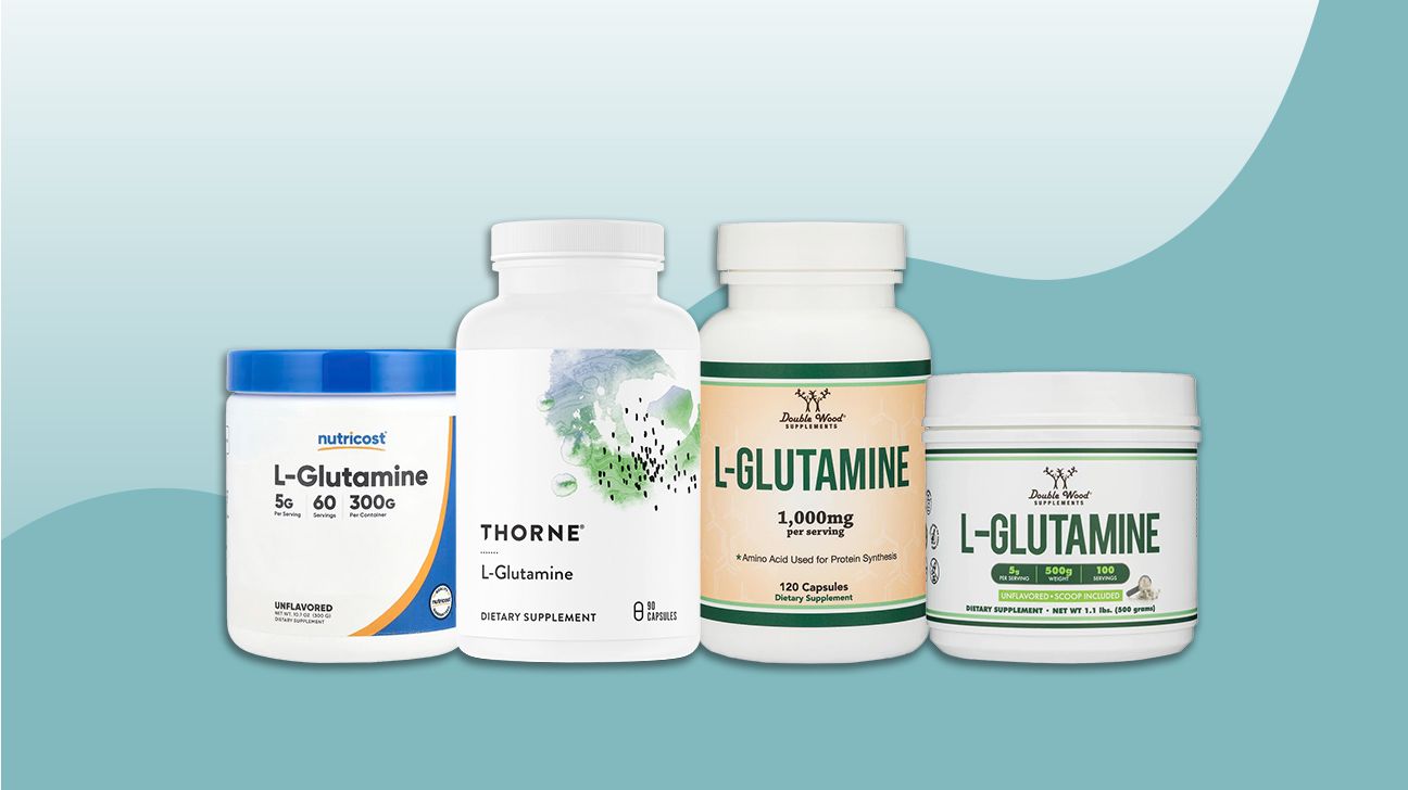 Best L-Glutamine Supplements bottles, including Double Wood, Thorne, and Nutricost, isolated over pale blue wavy background.