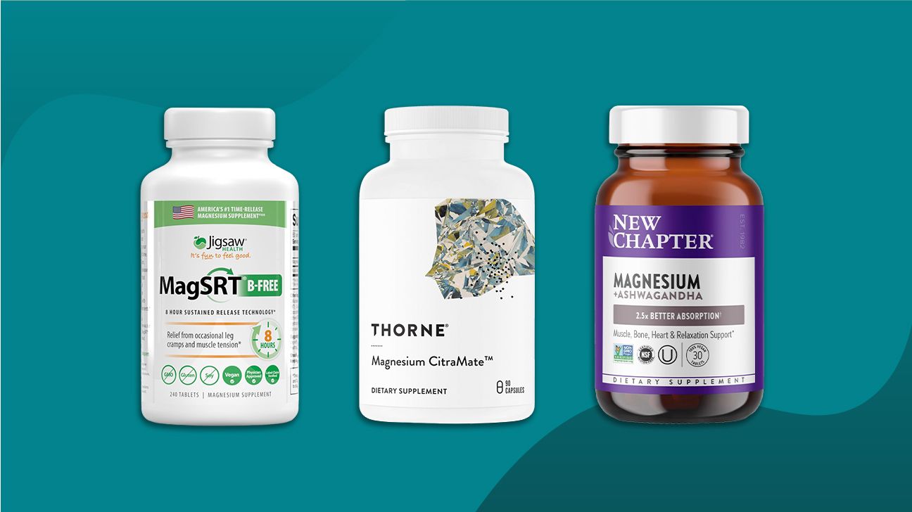 Three magnesium supplements by Jigsaw Health, Thorne, and New Chapter. They are displayed in a row on a blue background.