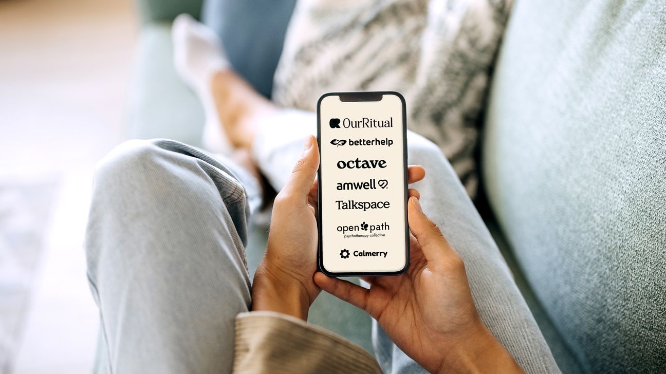 The logos of the most affordable therapy options on a phone screen.