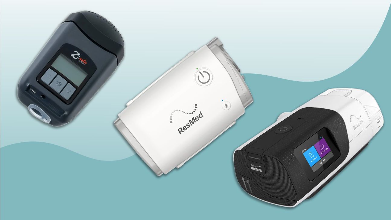 Three CPAP machines including one from Breas and two from ResMed. Thery are presented in a diagonal line on a light blue background.