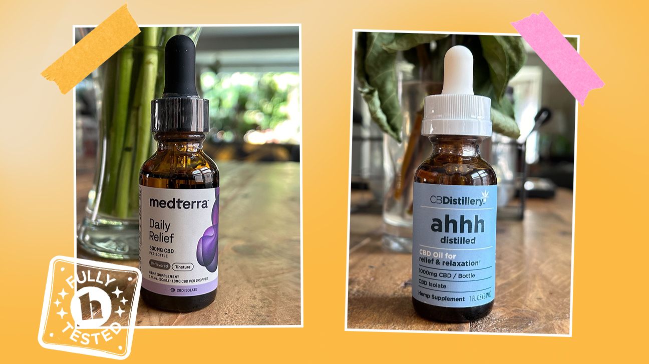 Healthline tester photos of two of the best THC-free CBD oils in 2025.