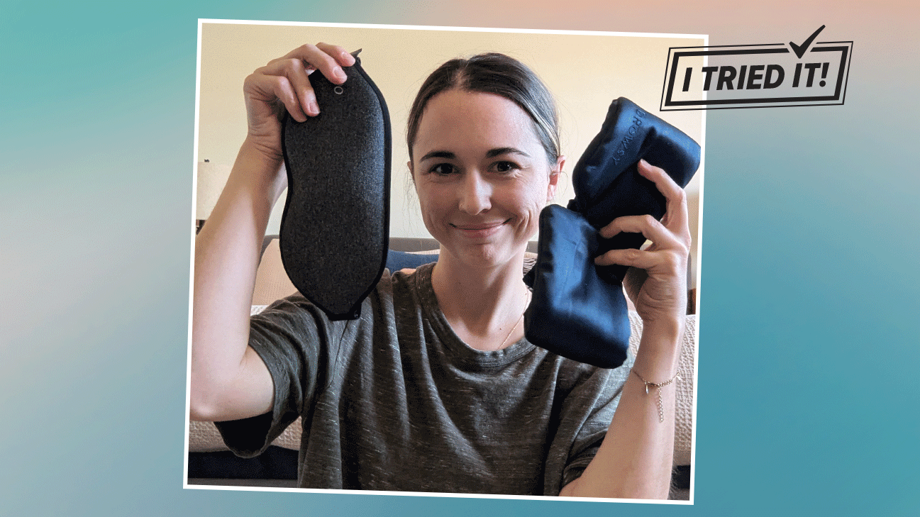 Healthline Editor showing off two of the best sleep masks