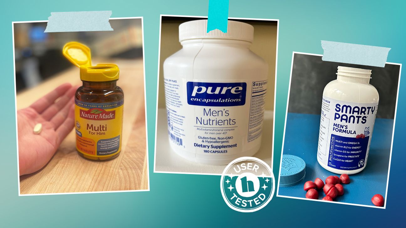 collage of mens multivitamins by Nature Made, Pure Encapsulations, and Smarty Pants
