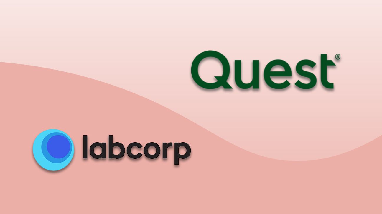 a pink background that has the logos for Quest and labcorp on it